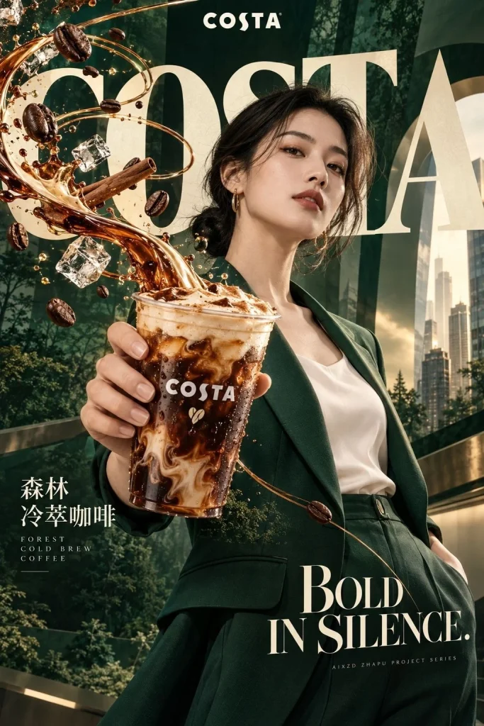 一套商业饮品海报！螺旋咖啡液强化视觉张力